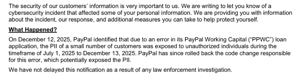 Auszug aus der E-Mail-Benachrichtigung über die Sicherheitsverletzung bei PayPal.
PayPal